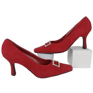 COUP D'ETAT Women's 8 Red Suede Leather 3" Heels, Rhinestone Pointed Square Toe